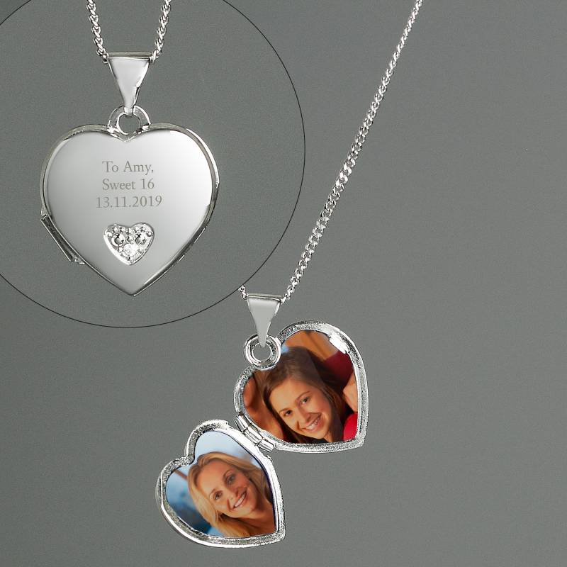 Personalised Sterling Silver and Cubic Zirconia Heart Locket Necklace