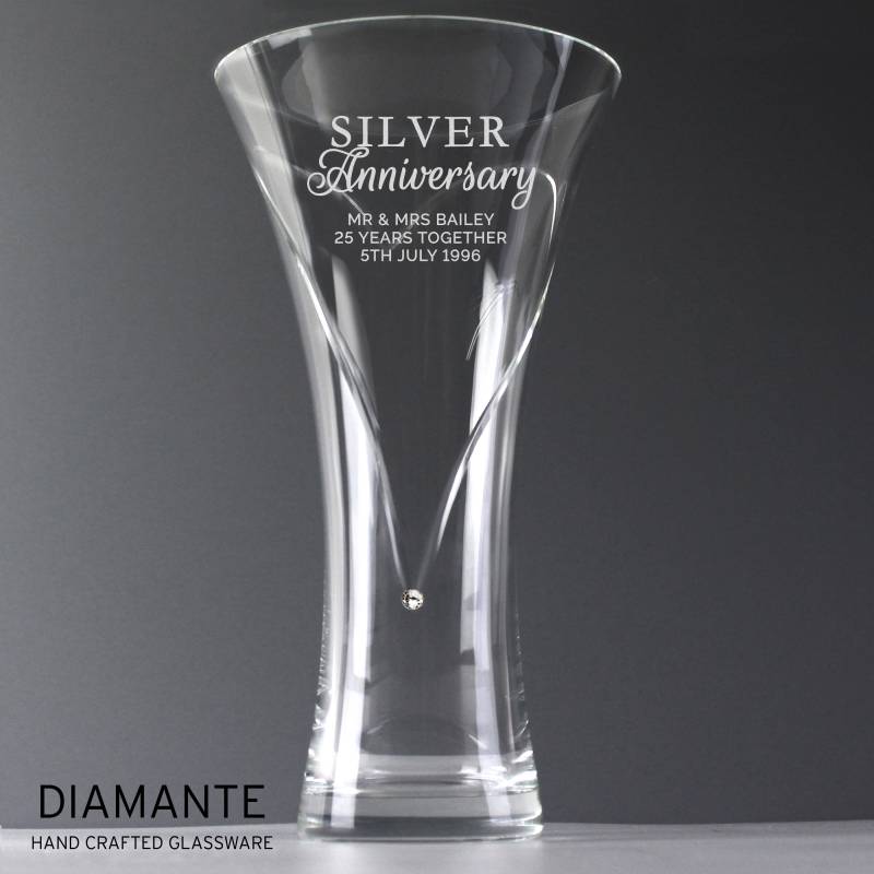 Personalised Silver Anniversary Large Hand Cut Diamante Heart Vase with Swarovski Elements